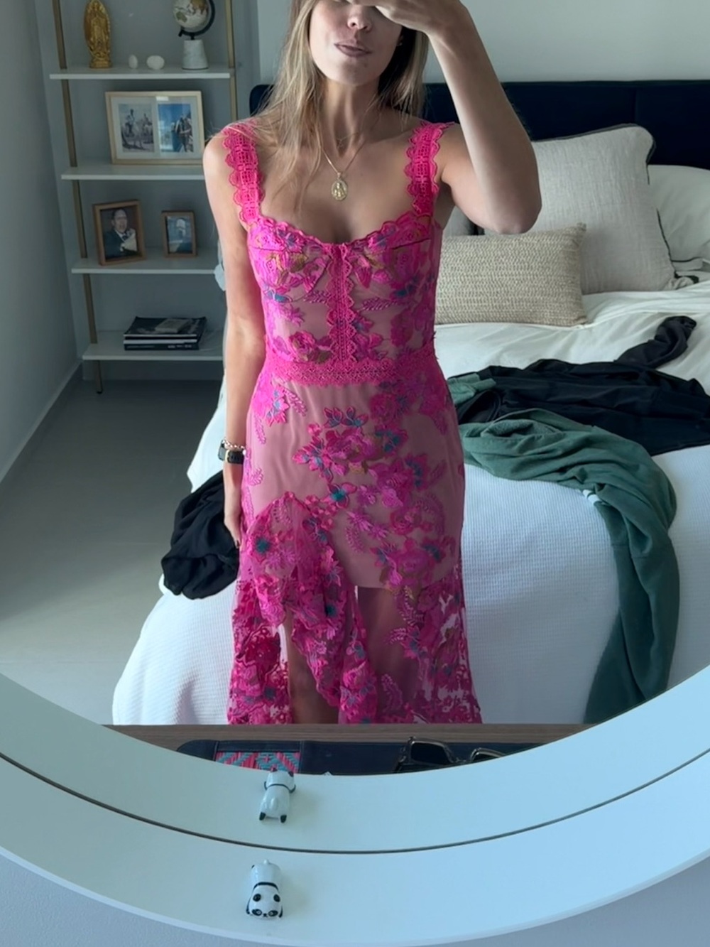 Bronx and Banco Hot Pink Embroidered Lace Midi Dress